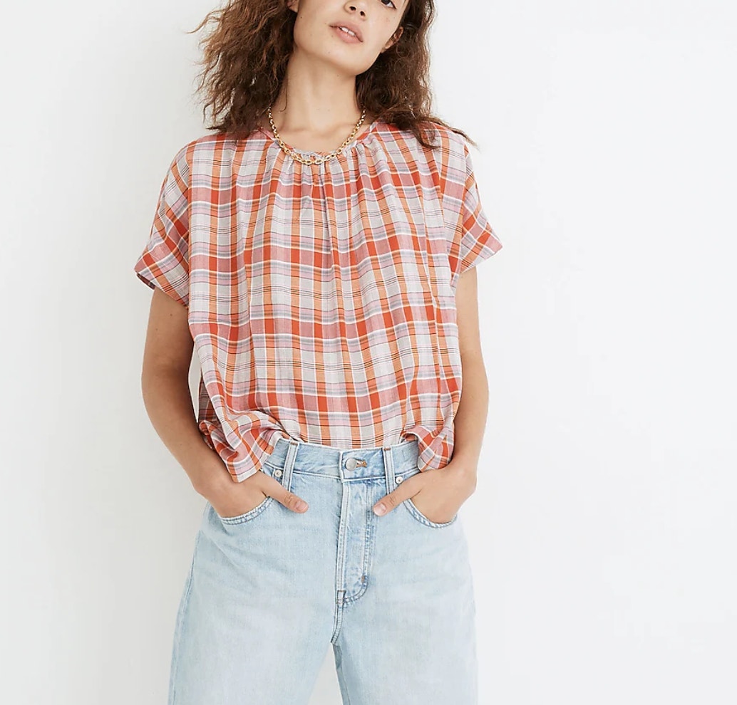 Madewell Plaid Shirred Neck Boxy Top Cotton Short Sleeve Orange Oversized Xxs